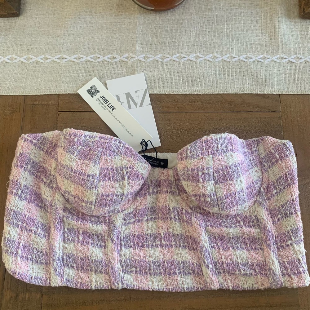 ZARA Textured Tweed Bustier Crop Top NWT Size Medium Night Out - Picture 3 of 7